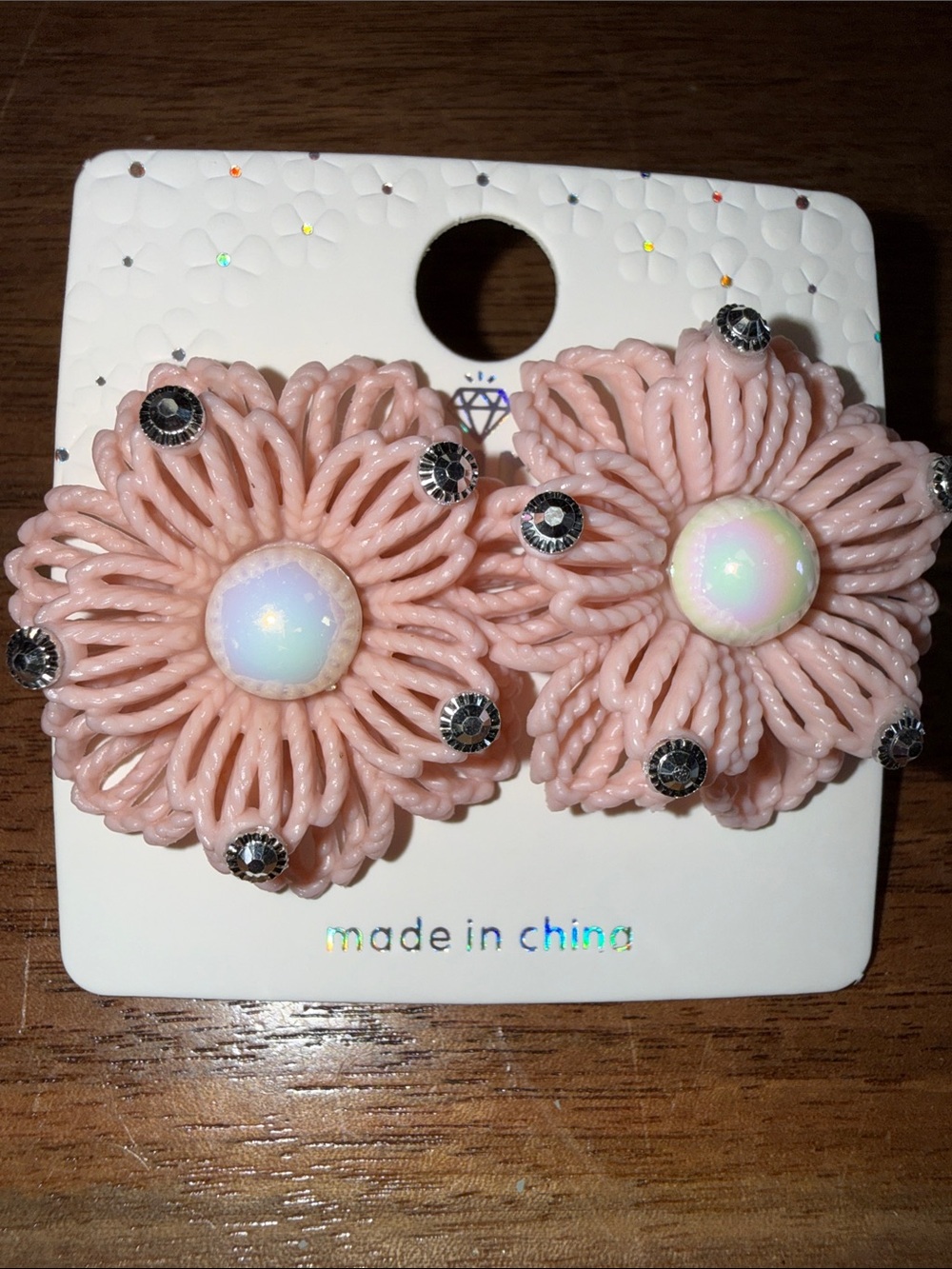Blush Pink Floral Statement Earrings with Iridescent Centers